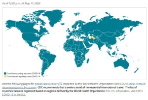 המצב כיום -מאי 2020: מפת המדינות אליהן התפשט נגיף הקורונה - הוירוס הסיני קוביד 19 COVID המתפשט בעולם. מפה באדיבות מרכז בקרת ומניעת המחלות האמריקאי CDC