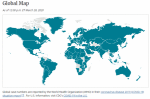 המצב כיום - 28 למרץ 2020: מפת המדינות אליהן התפשט נגיף הקורונה - הוירוס הסיני קוביד 19 COVID המתפשט בעולם. מפה באדיבות מרכז בקרת ומניעת המחלות האמריקאי CDC