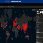 מפת התפשטות נגיף הקורונה בעולם בהתבסס על מקורות מידע מוסדיים רפואיים שמוצגים על ידי אוניברסיטת ג'ון הופקינס בארצות הברית נכון לחודש מרץ 2020. צילום מתוך המפה הוירטואלית הדינמית של האוניברסיטה.