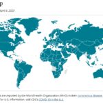 המצב כיום - 4 לאפריל 2020: מפת המדינות אליהן התפשט נגיף הקורונה - הוירוס הסיני קוביד 19 COVID המתפשט בעולם. מפה באדיבות מרכז בקרת ומניעת המחלות האמריקאי CDC